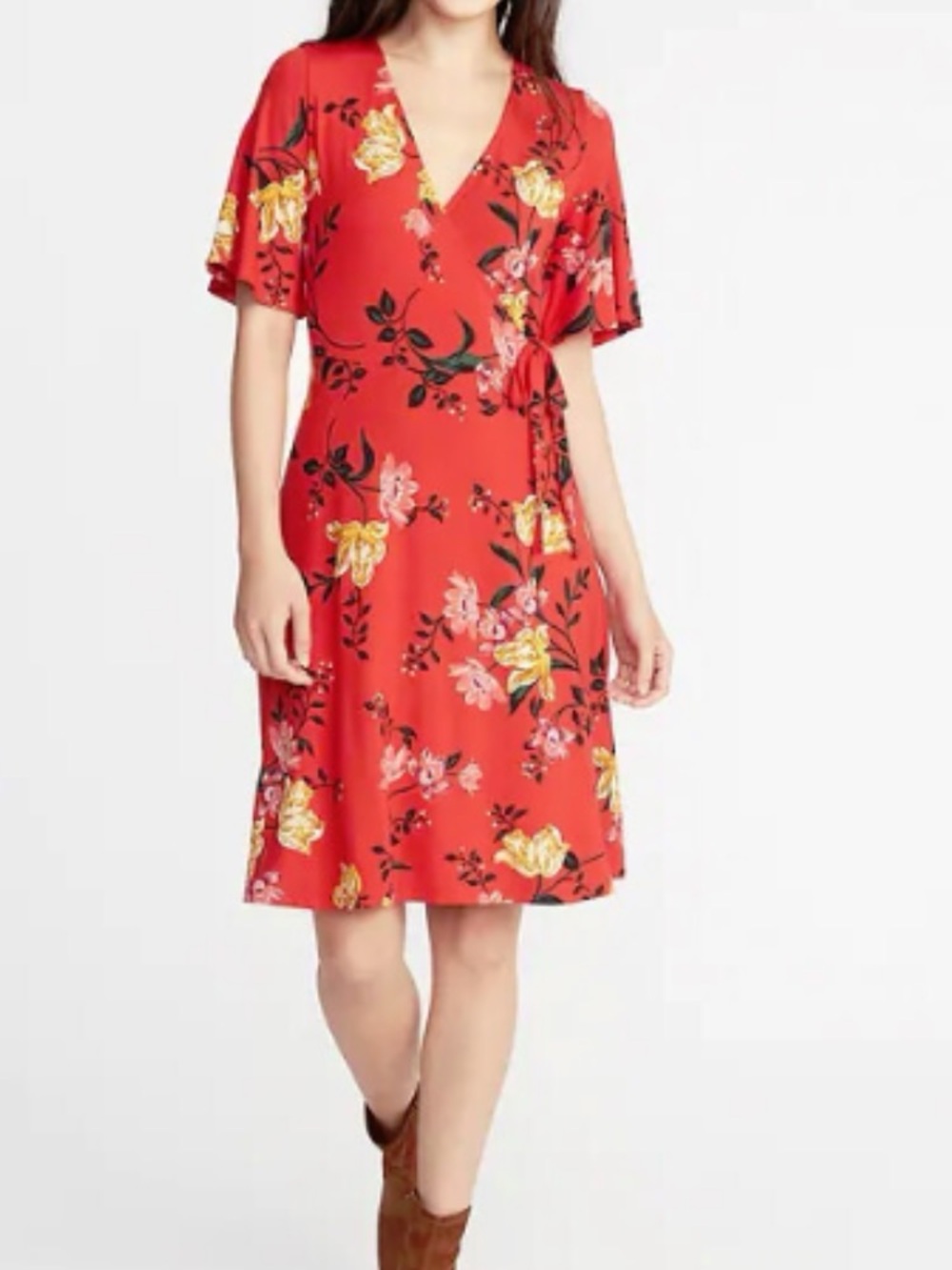 Old Navy Faux-wrap Floral Dress in Red - Elegant V-Neck Midi - Picture 1 of 4